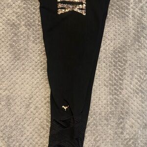 PINK Victoria's Secret Black Leggings with Glitter spell-out, gold dog w/mesh